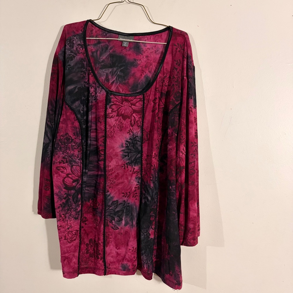 Roz & Ali Tunic Woman 3X Magenta Black  Floral Tie Dye Long Sleeve TOP